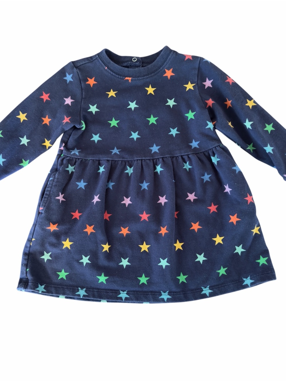 Primary Navy long sleeve dress with rainbow stars and pockets 12-18 mo